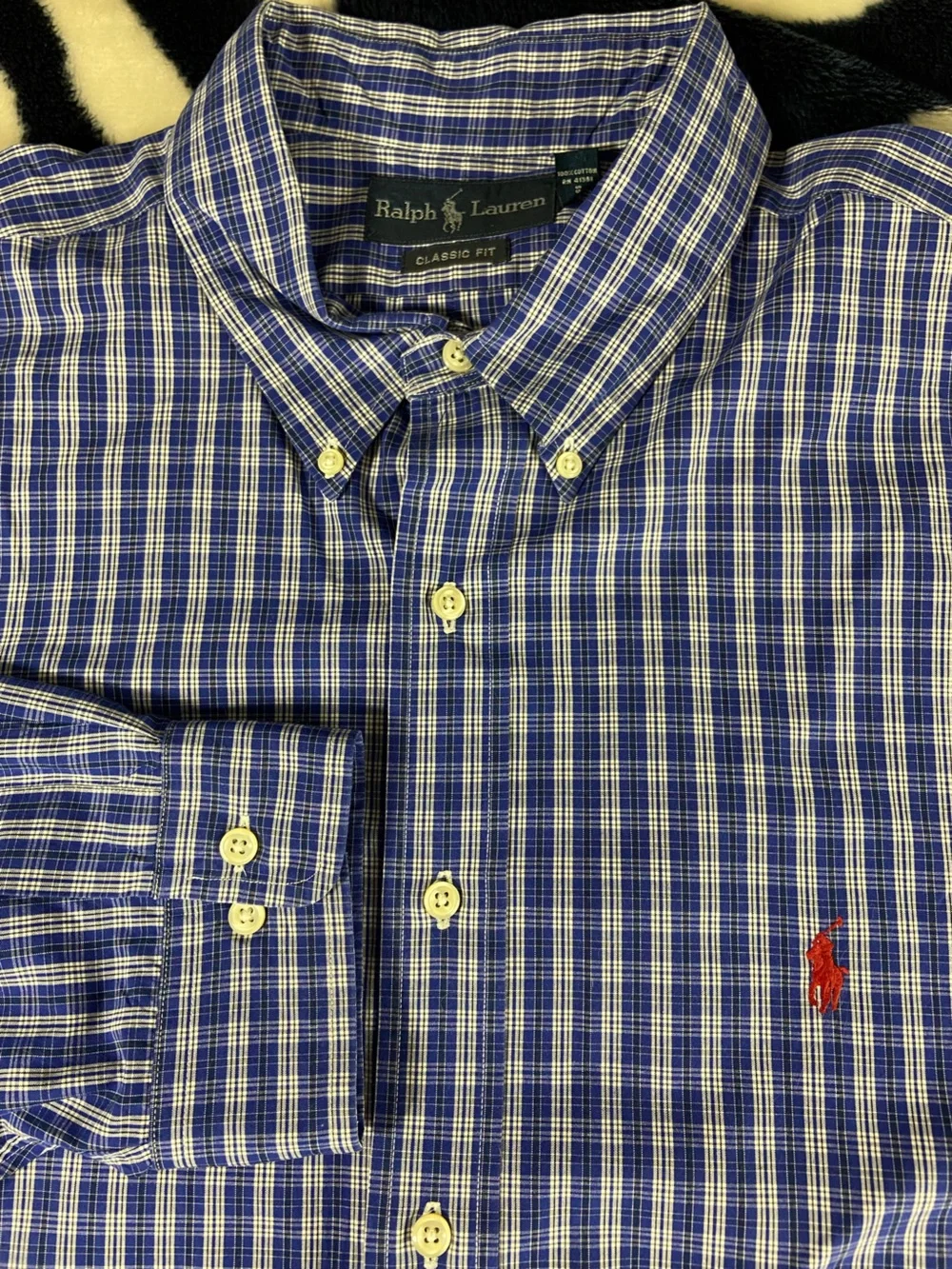 Ralph Lauren Blue White Plaid Button-Down Shirt Classic Fit Long Sleeve